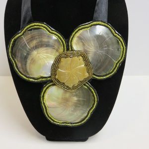 Beaded Shell Bib Necklace  Adjustable Ribbon  NWOT